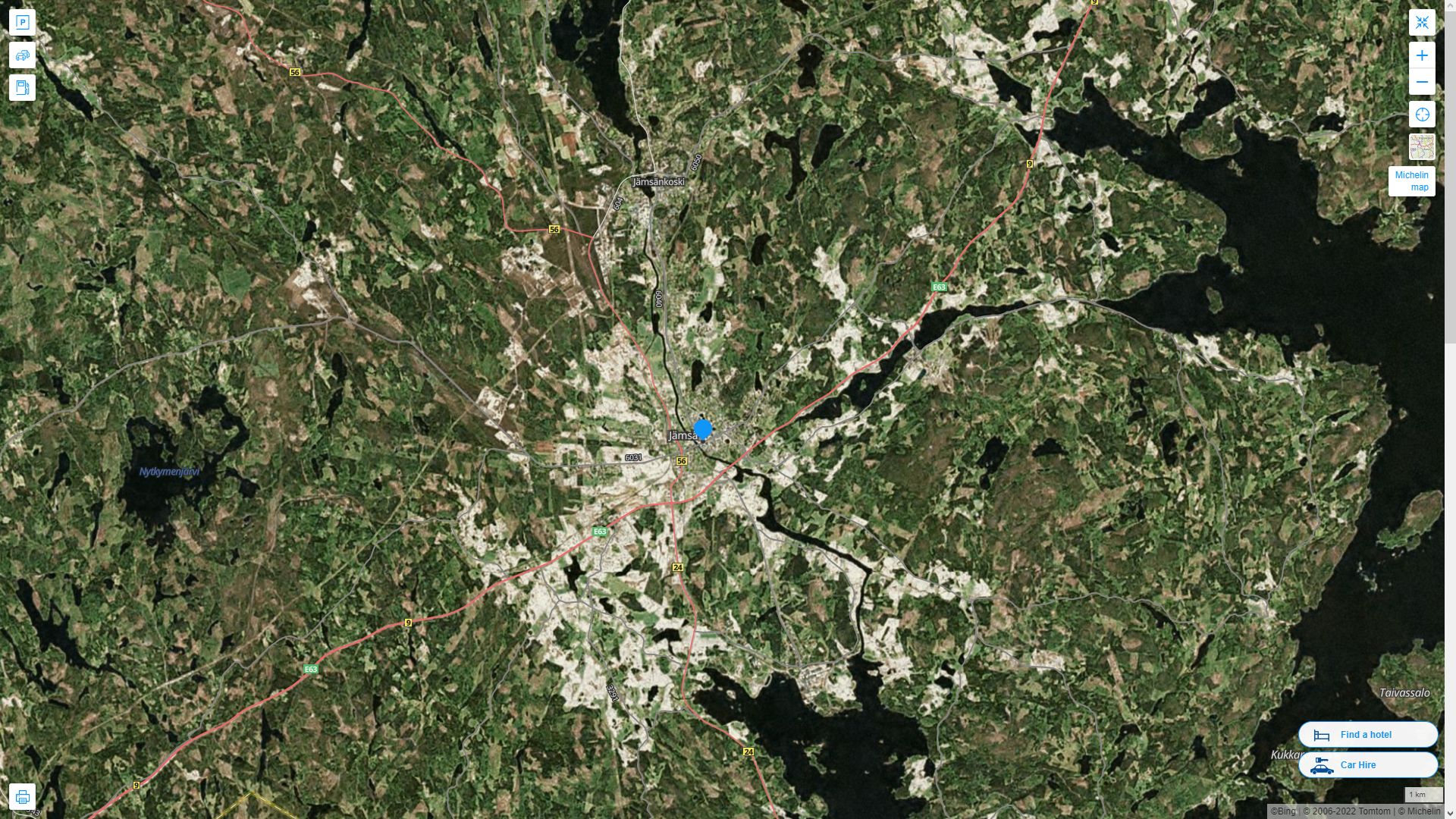 Jamsa Finlande Autoroute et carte routiere avec vue satellite